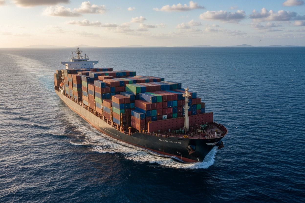 A large container ship loaded with colorful cargo containers navigates the open sea under a partly cloudy sky.