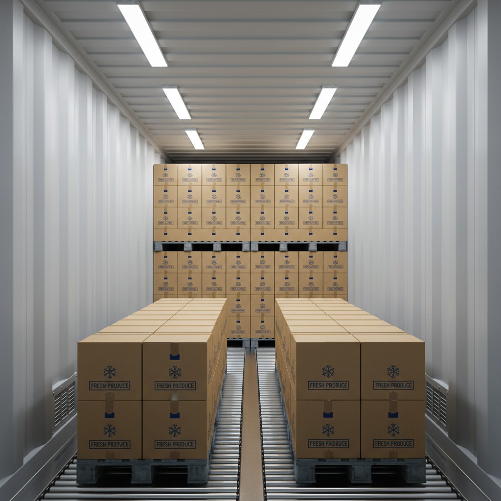 Two parallel rows of cardboard boxes labeled "Fresh Produce" on pallets sit on metal rollers inside a brightly lit shipping container.
